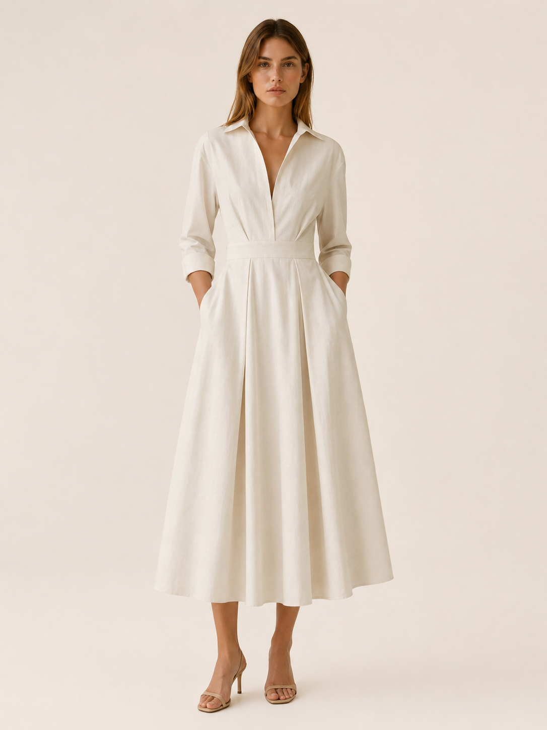 Clara | Midi Shirt Dress with Pleated Skirt and Pockets