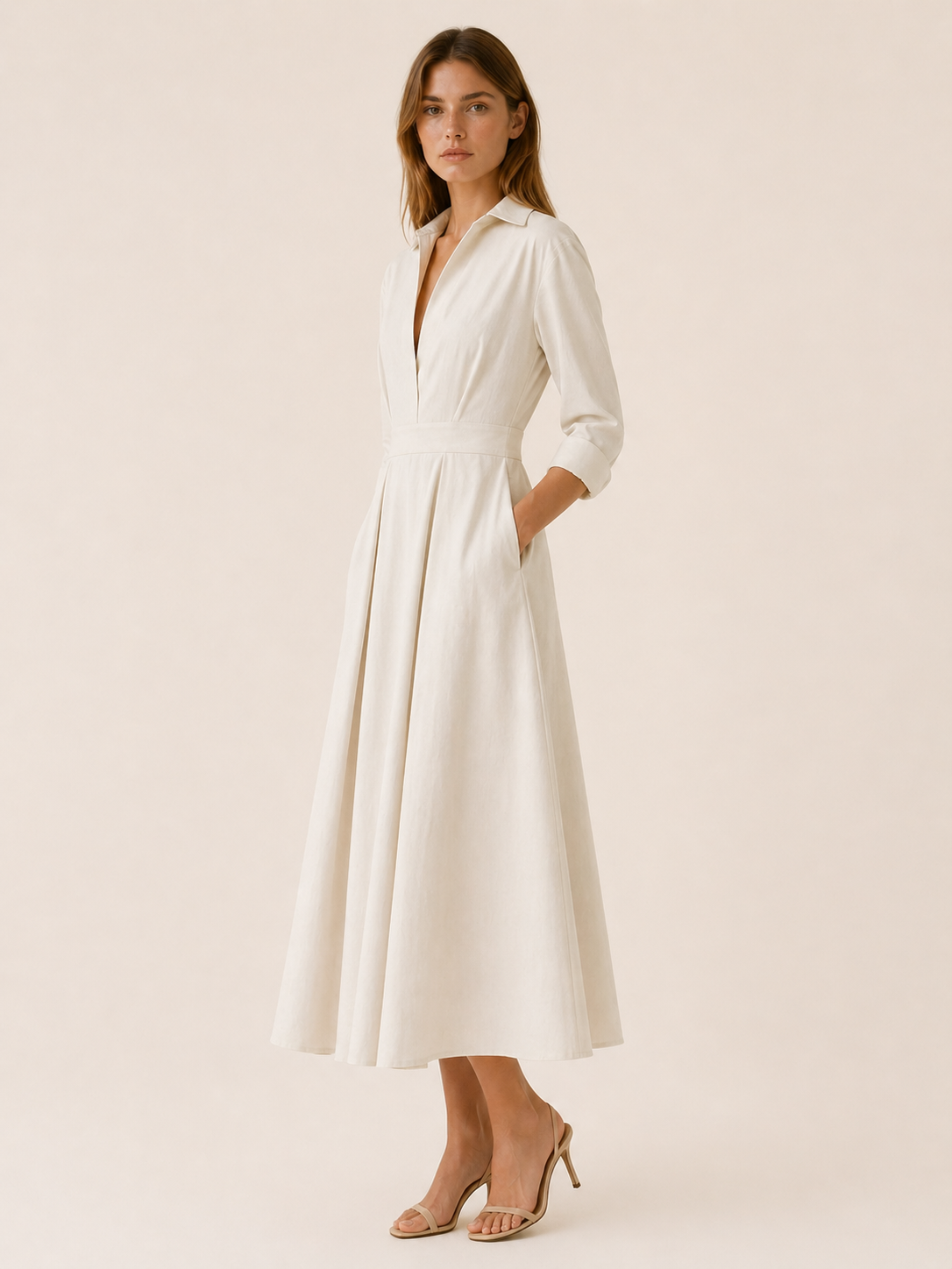 Clara | Midi Shirt Dress with Pleated Skirt and Pockets