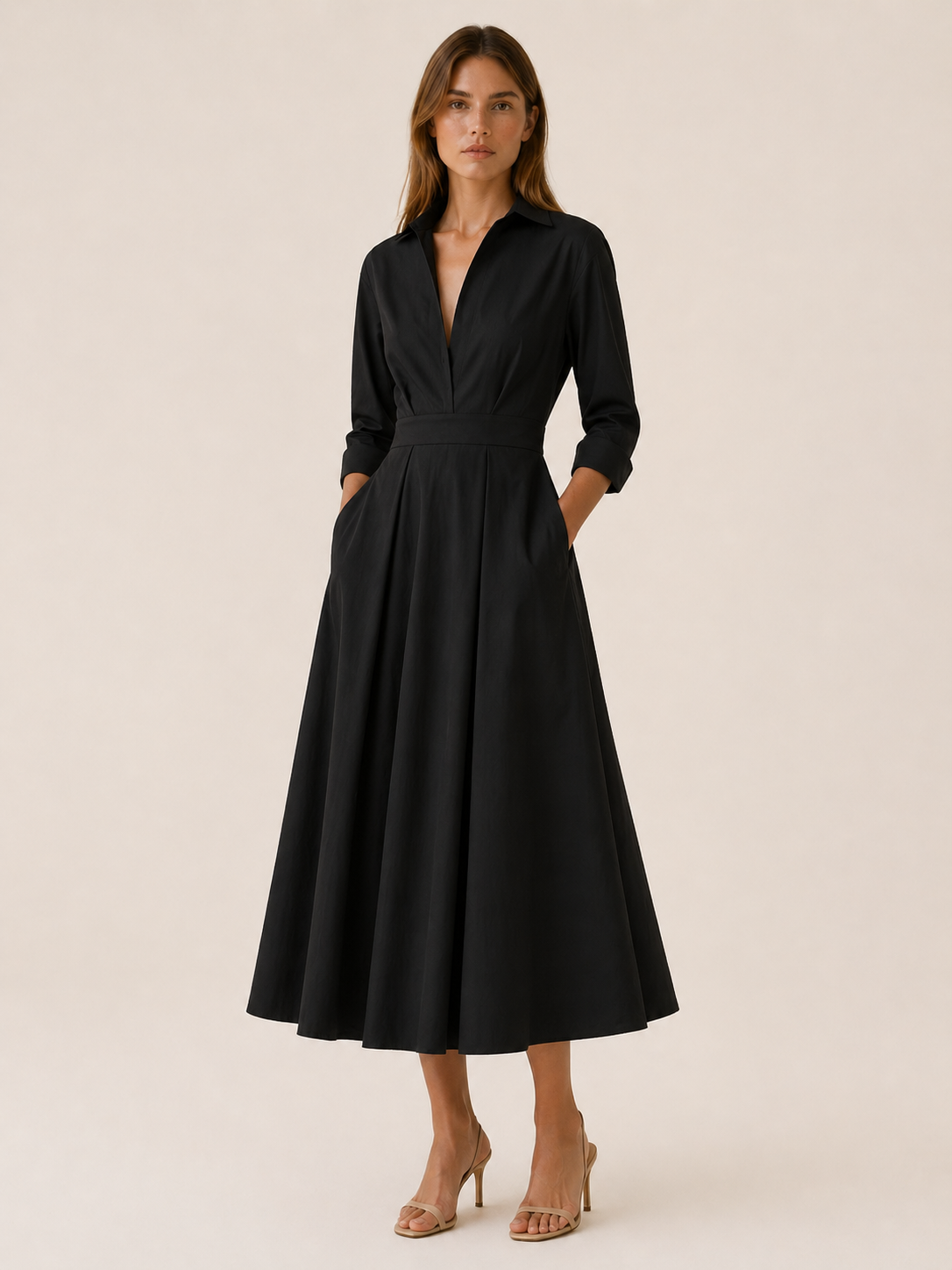 Clara | Midi Shirt Dress with Pleated Skirt and Pockets