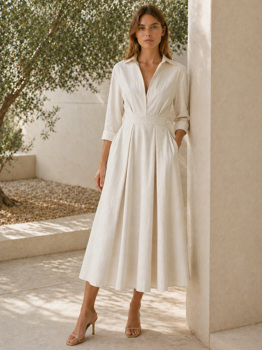 Clara | Midi Shirt Dress with Pleated Skirt and Pockets