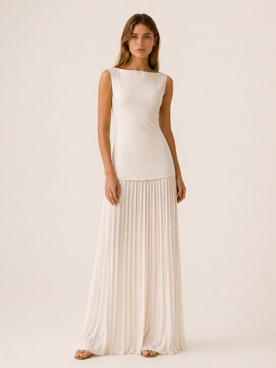 Elise | Pleated Maxi Dress with Boat Neck