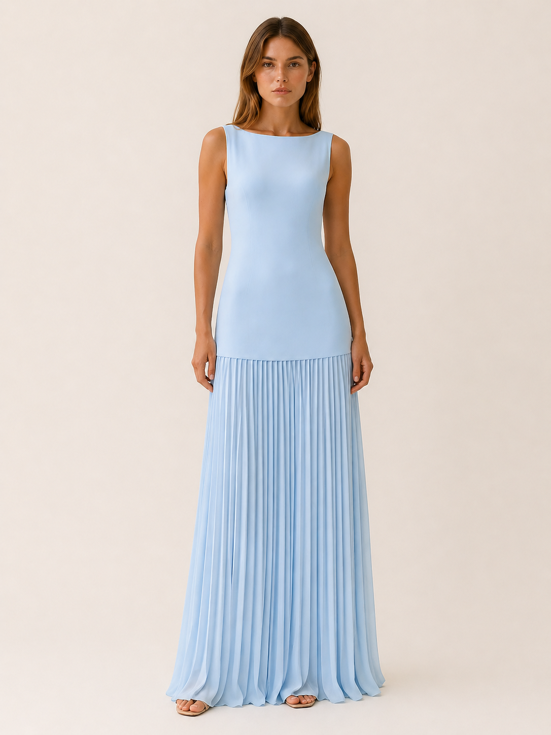 Elise | Pleated Maxi Dress with Boat Neck