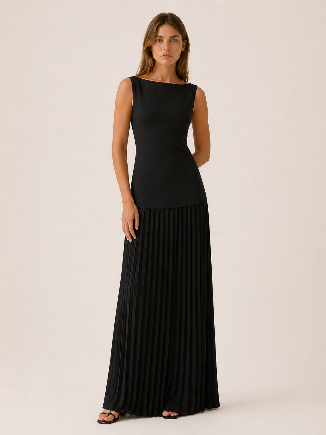 Elise | Pleated Maxi Dress with Boat Neck