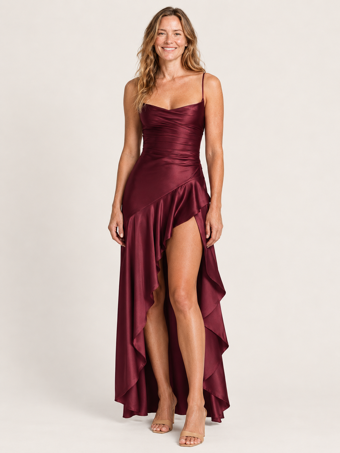 Abigail | Women’s Satin Maxi Dress with High-Low Hem