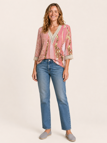 Ada | Women's Printed Lace Trim V Neck Blouse