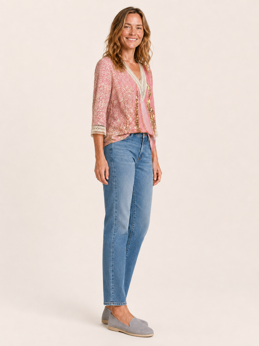 Ada | Women's Printed Lace Trim V Neck Blouse