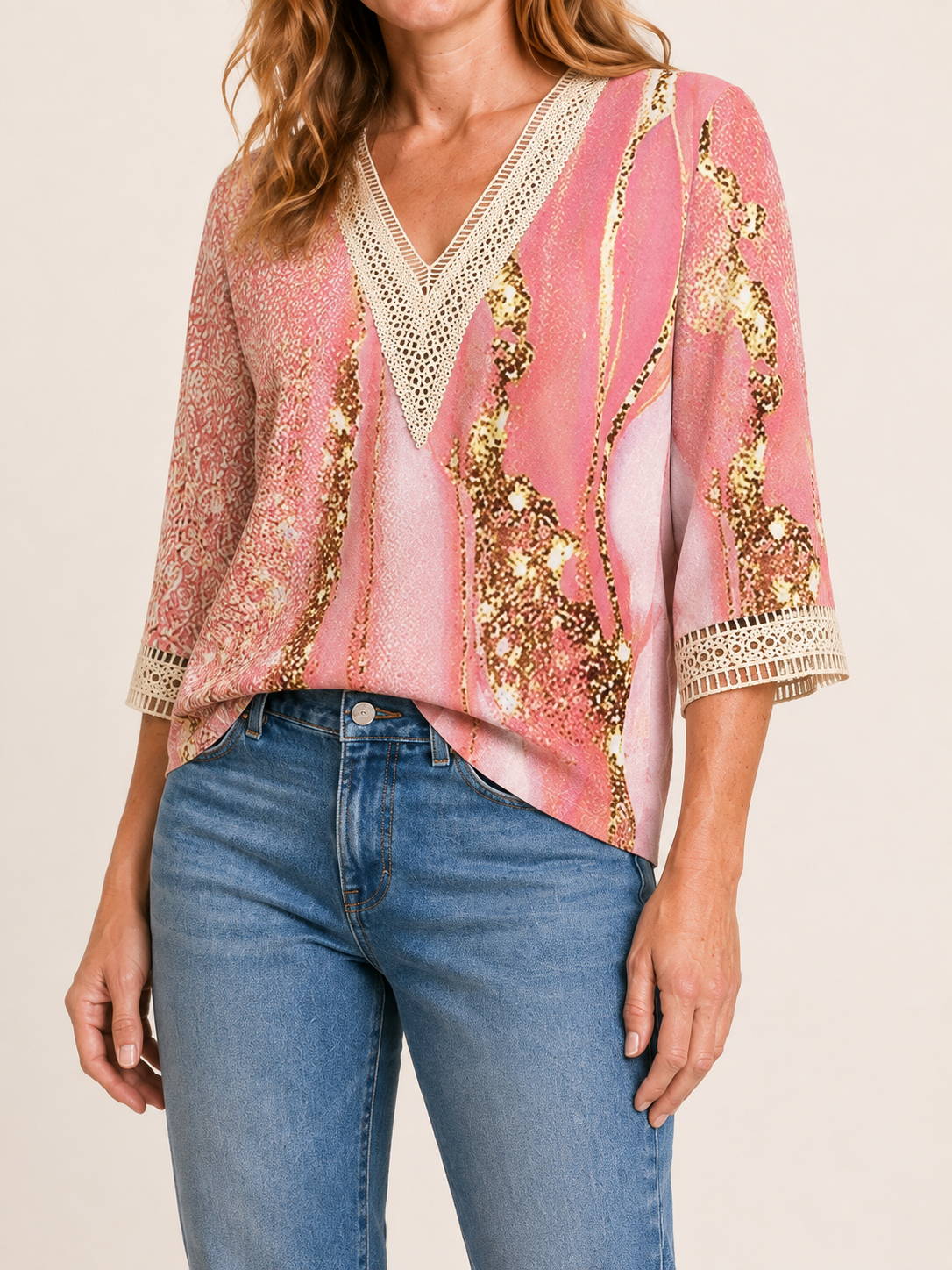 Ada | Women's Printed Lace Trim V Neck Blouse