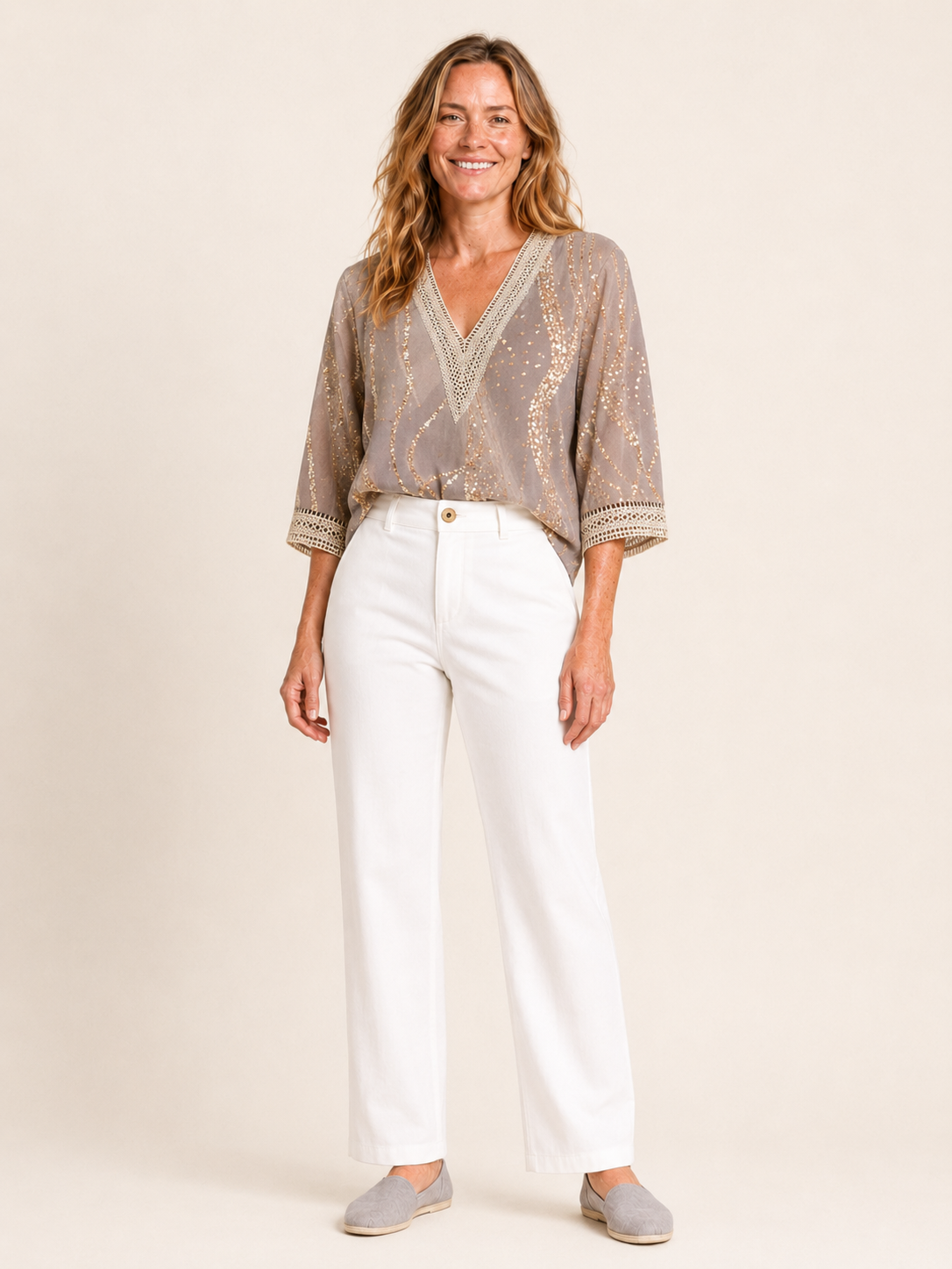 Ada | Women's Printed Lace Trim V Neck Blouse