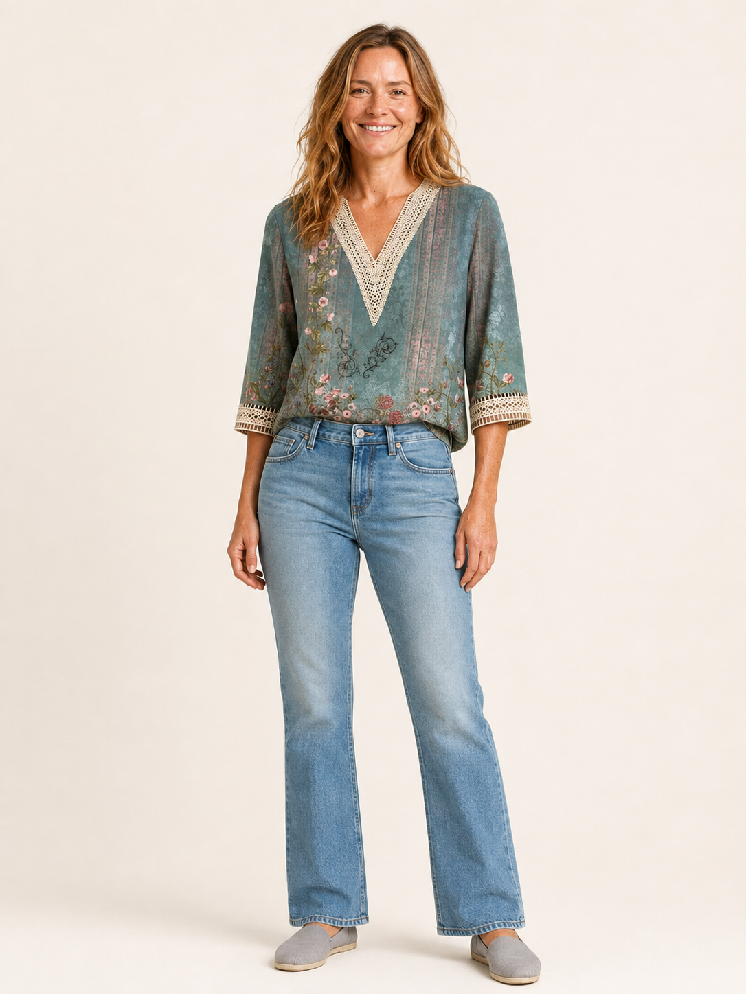 Ada | Women's Printed Lace Trim V Neck Blouse