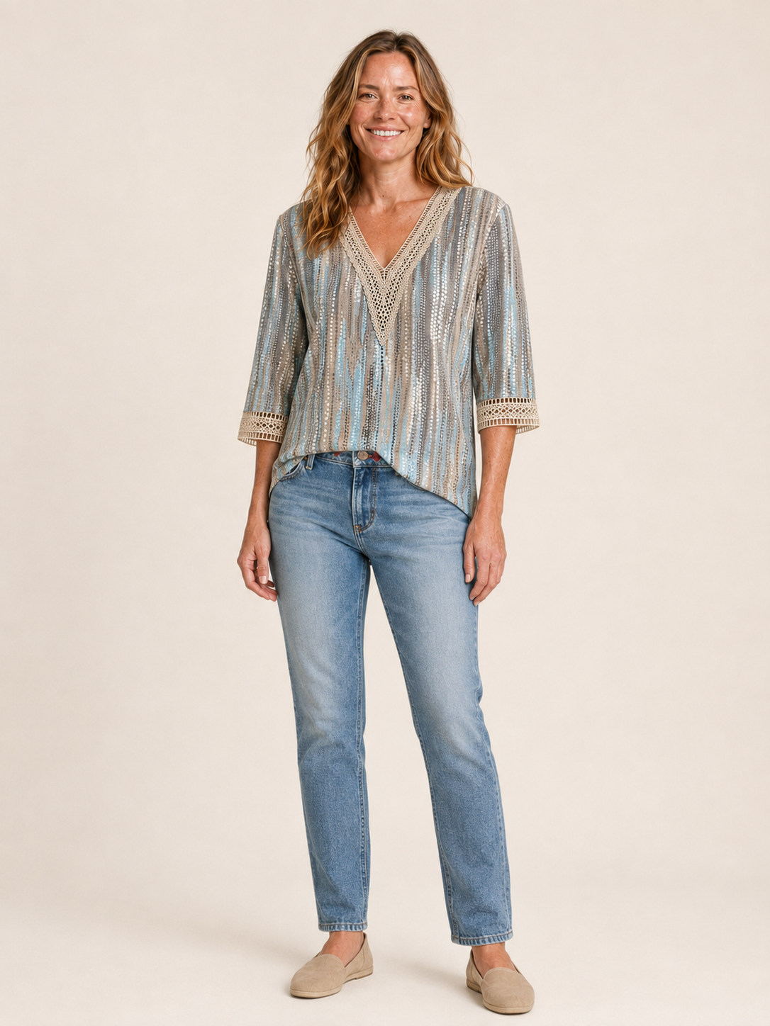 Ada | Women's Printed Lace Trim V Neck Blouse