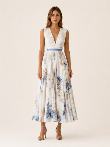 Alina | Flowy Maxi Dress Pleated Skirt Sleeveless