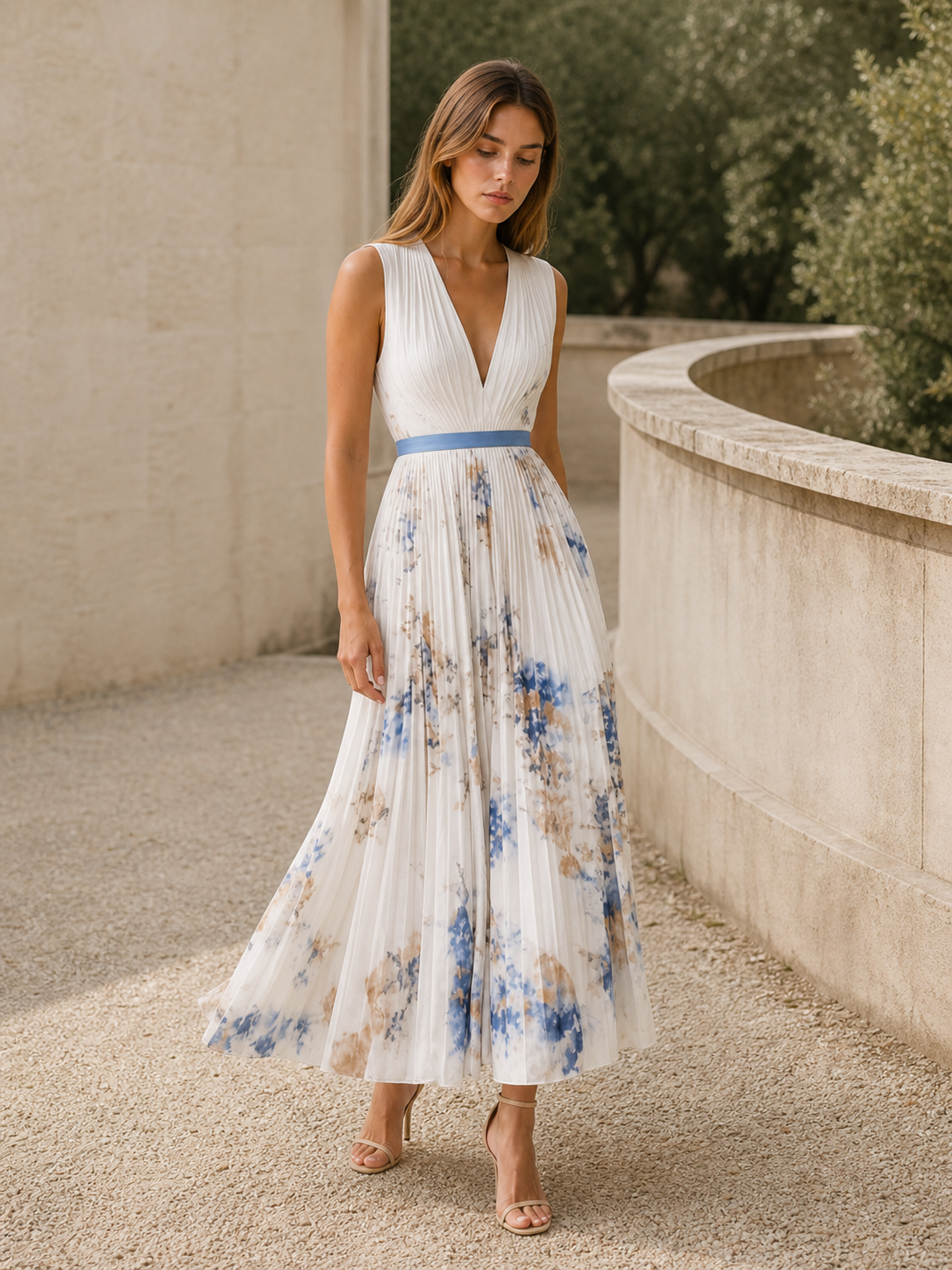 Alina | Flowy Maxi Dress Pleated Skirt Sleeveless