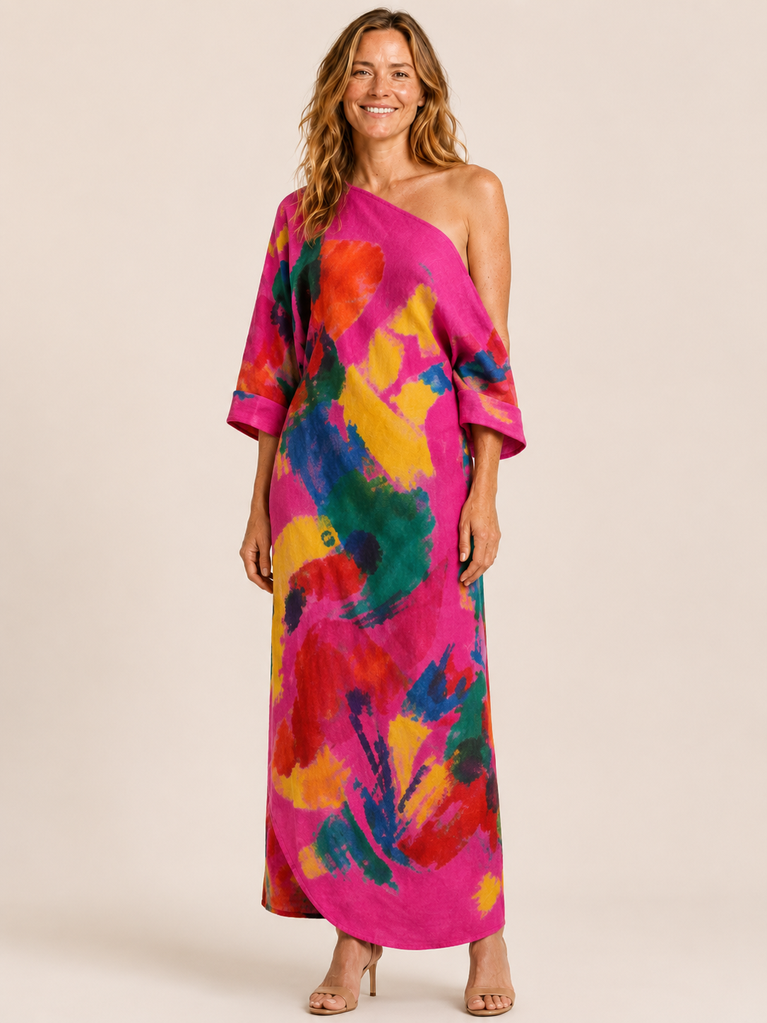 Alizee | Women's Abstract Print One Shoulder Summer Maxi Dress