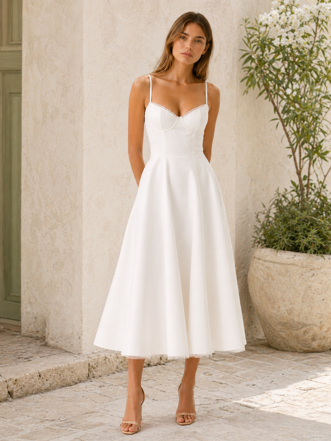 Amara | Satin Midi Dress with Corset Bodice
