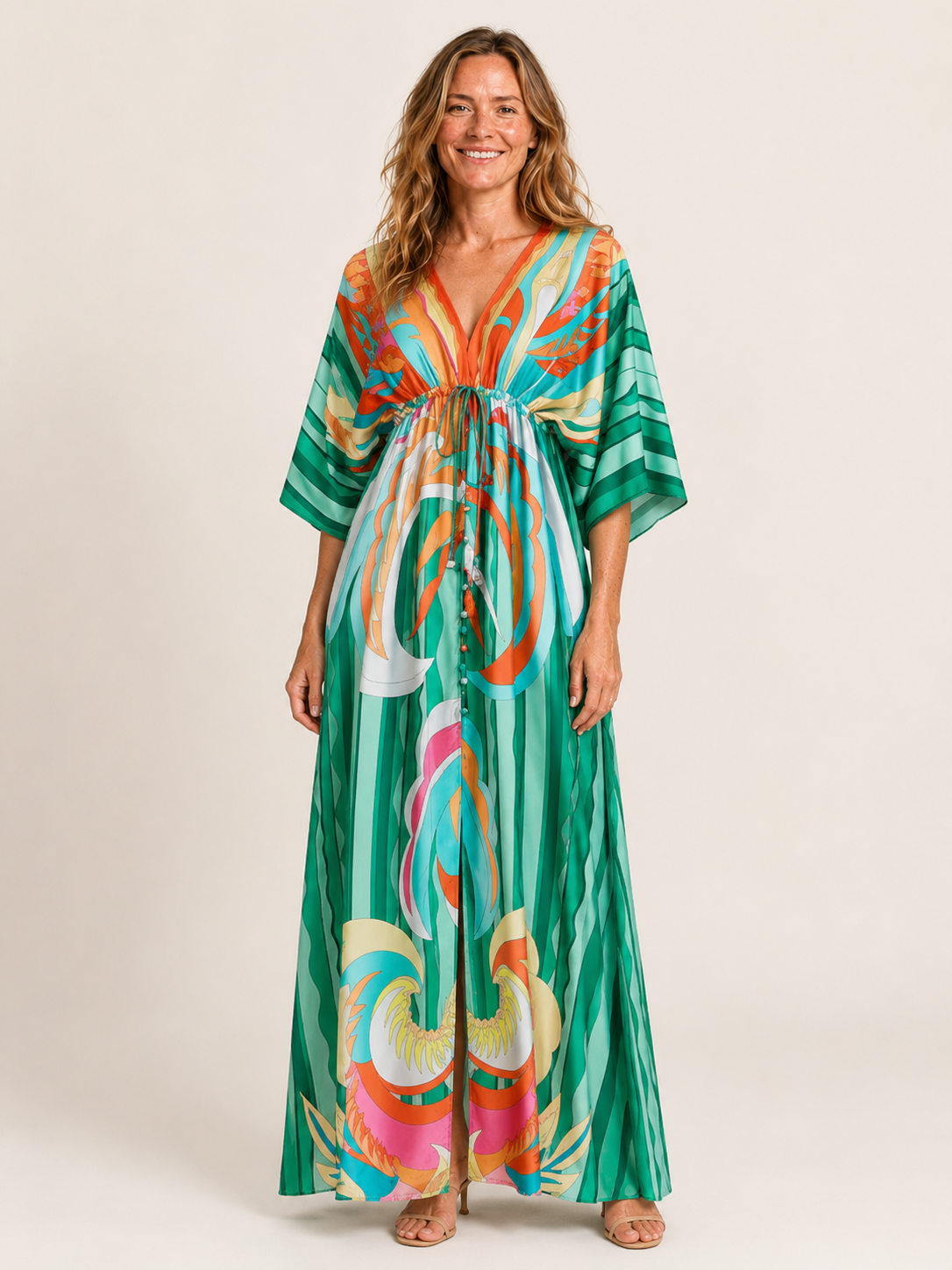 Anais | Women's Printed V Neck Drawstring Summer Maxi Dress