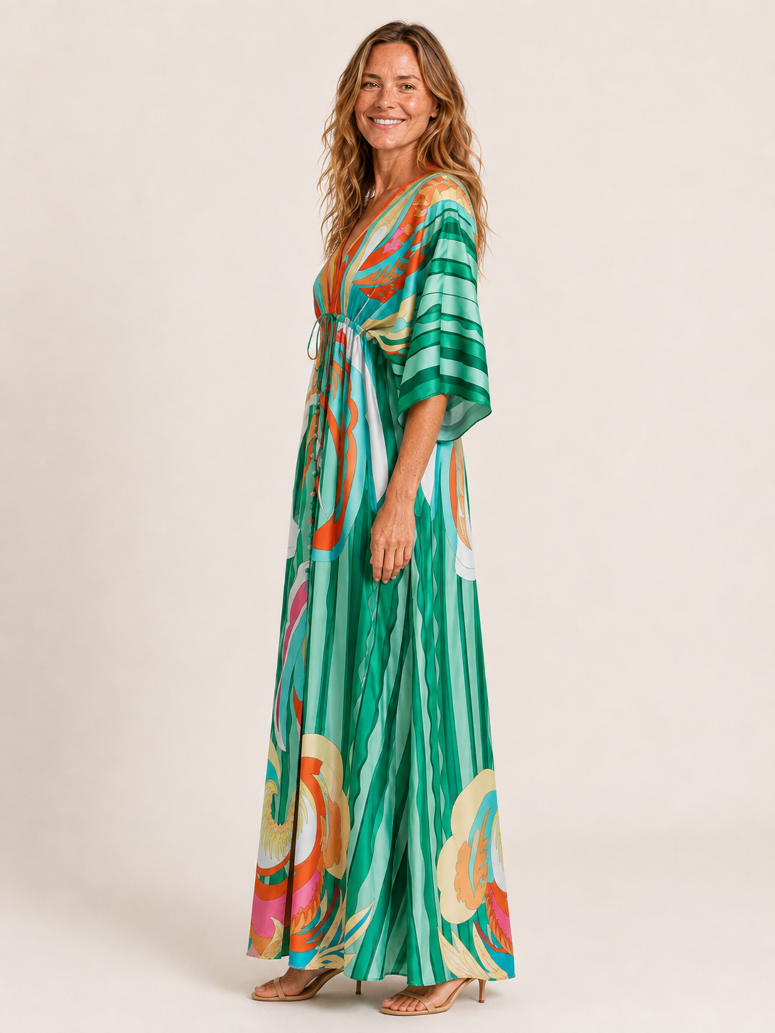 Anais | Women's Printed V Neck Drawstring Summer Maxi Dress