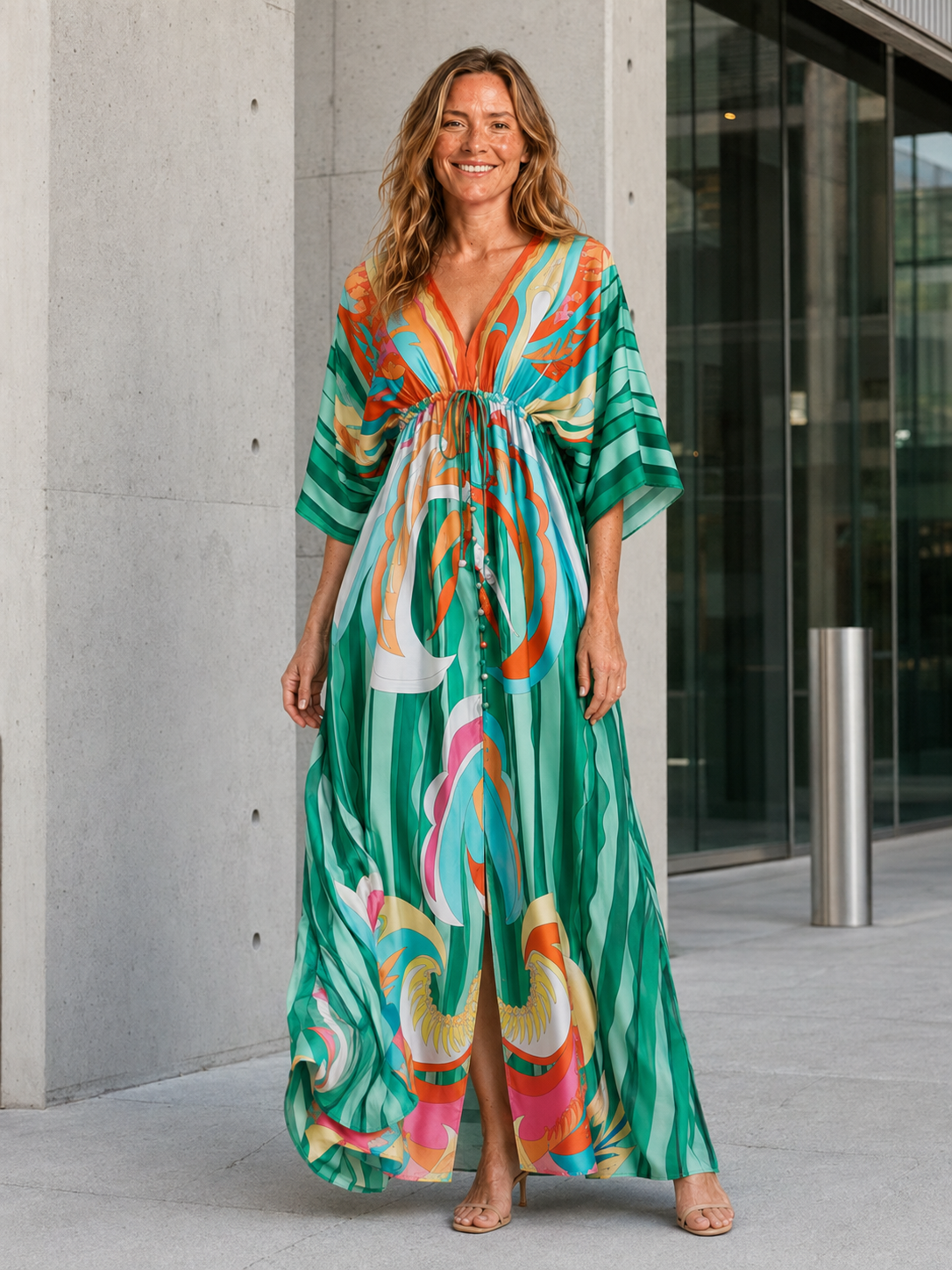 Anais | Women's Printed V Neck Drawstring Summer Maxi Dress
