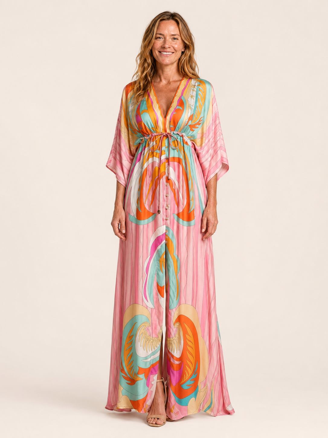 Anais | Women's Printed V Neck Drawstring Summer Maxi Dress