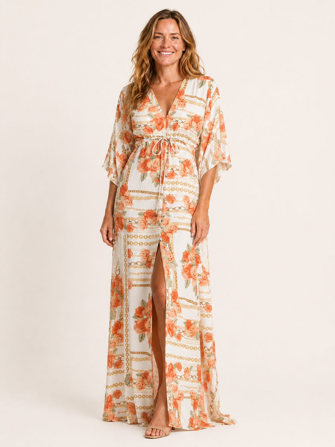 Anais | Women's Printed V Neck Drawstring Summer Maxi Dress