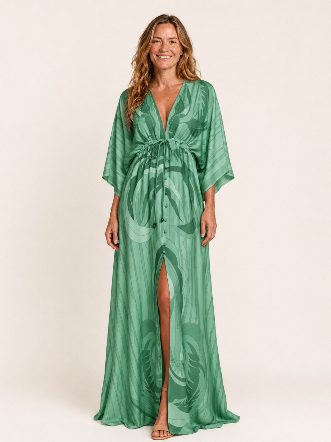 Anais | Women's Printed V Neck Drawstring Summer Maxi Dress