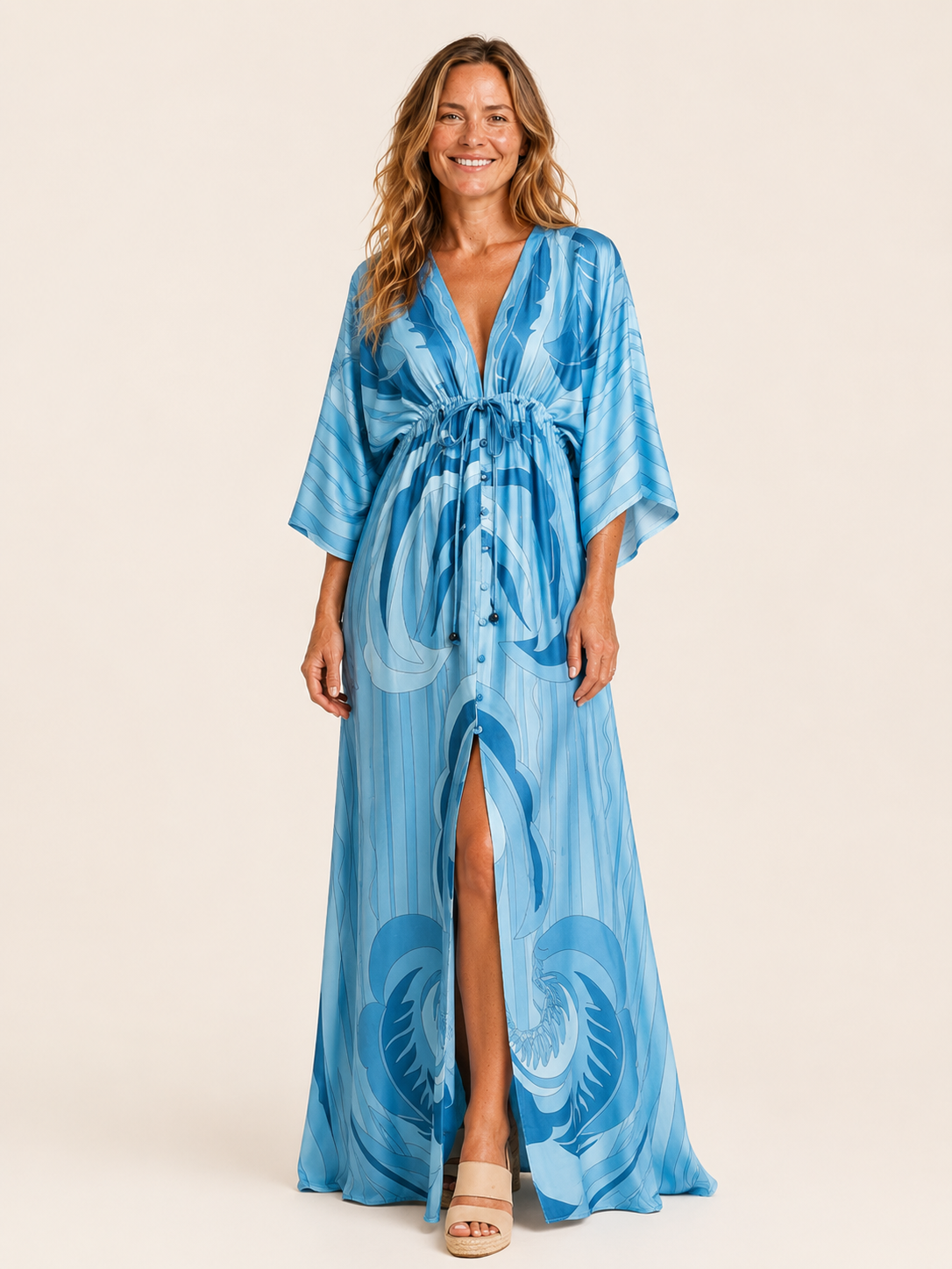 Anais | Women's Printed V Neck Drawstring Summer Maxi Dress