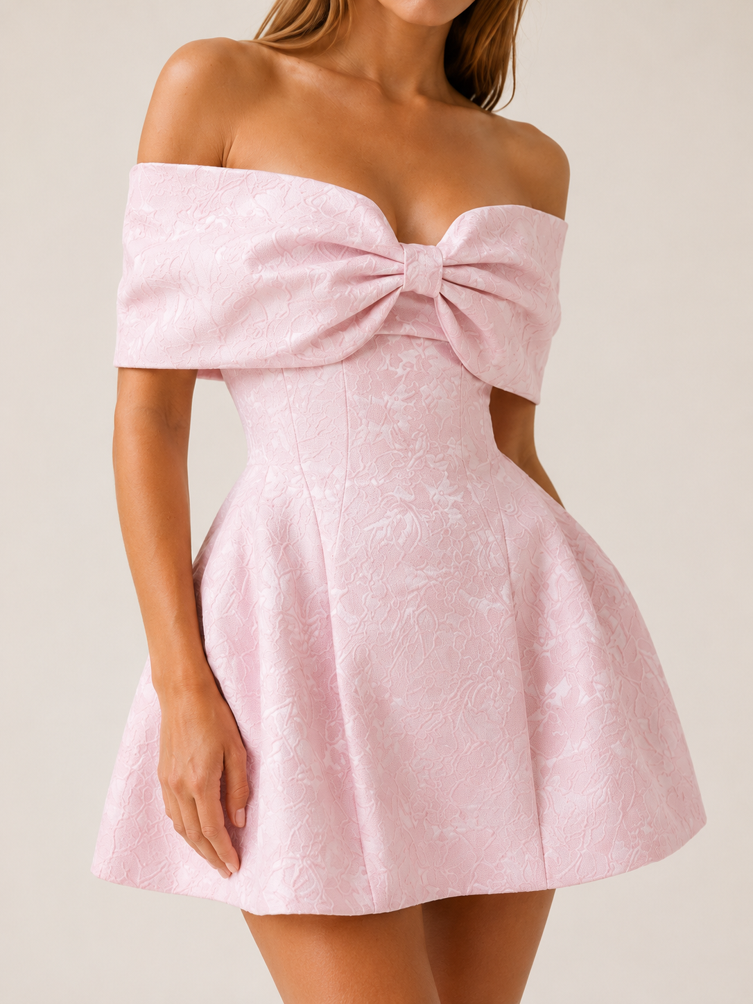 Ariella | Bardot Mini Dress with Bow Neckline