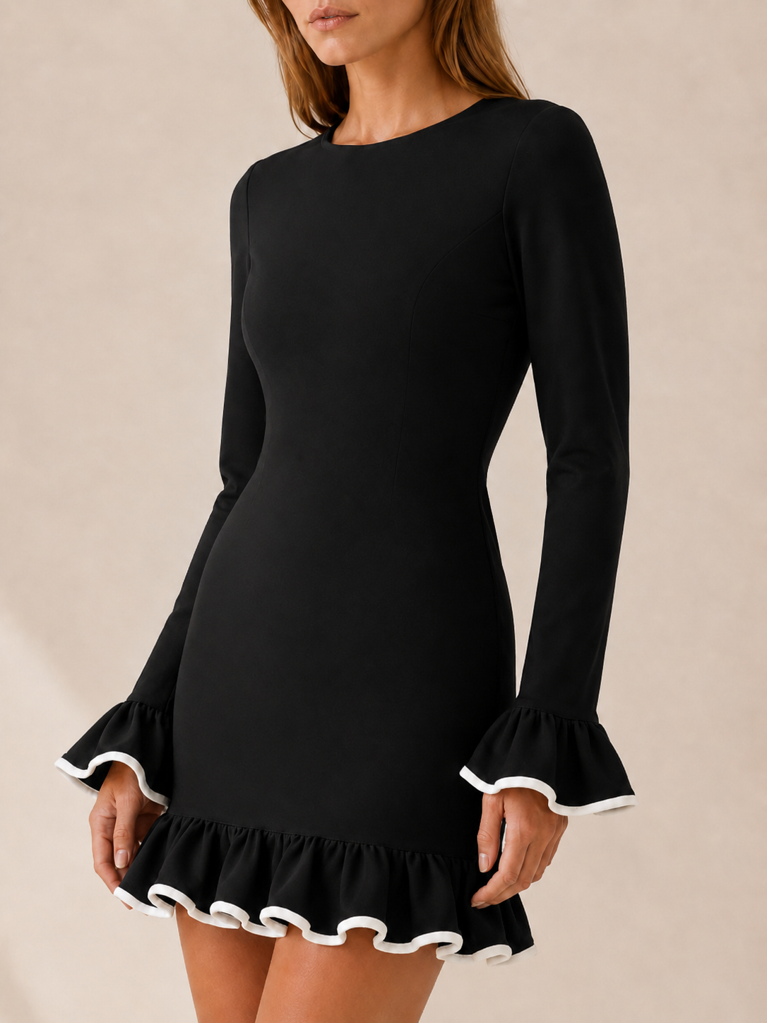 Ashby | Ruffle Mini Dress with Boat Neck and Long Sleeve