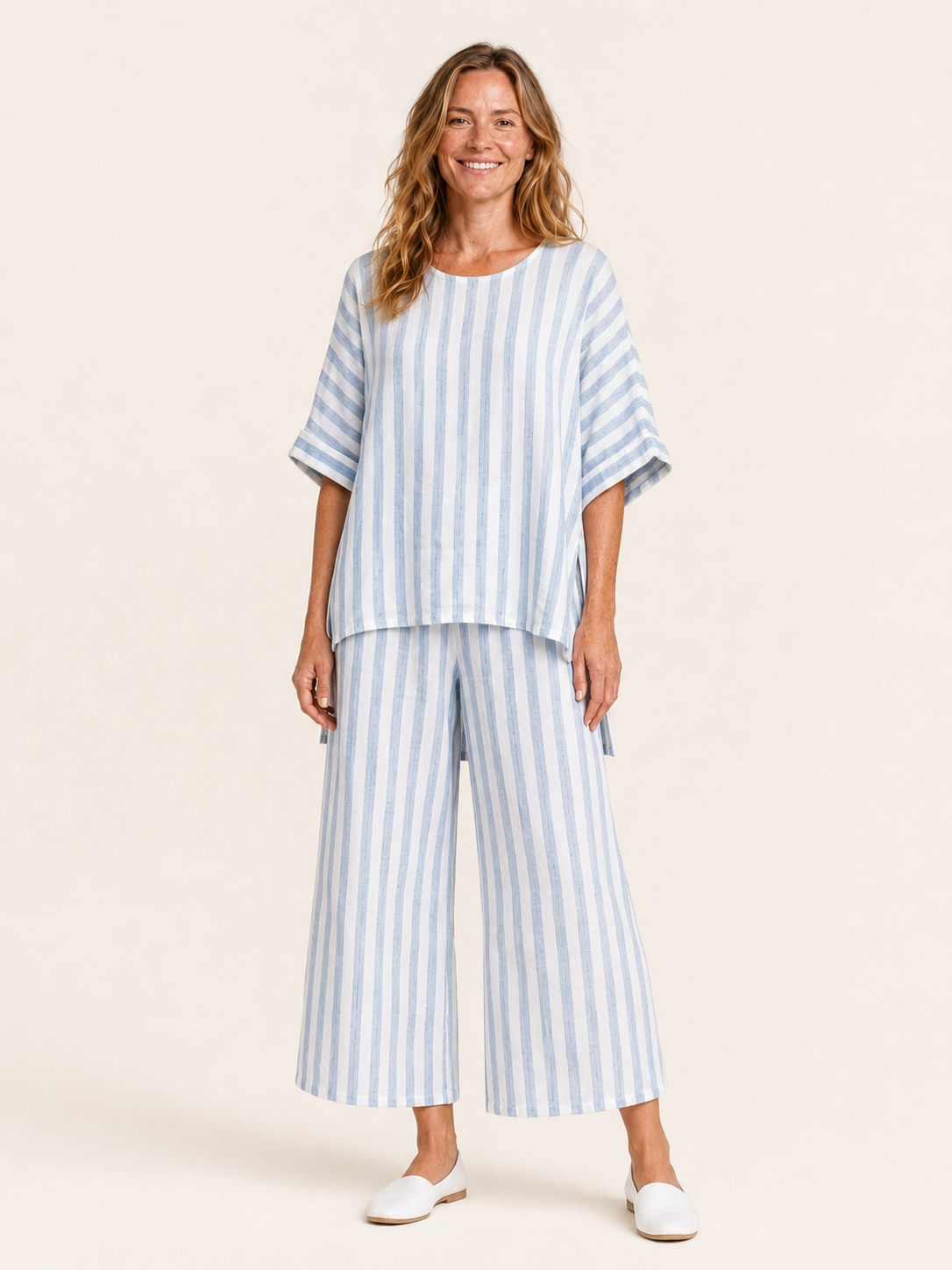 Astrid | Women's Striped Linen Wide Leg Pants Two Piece Set