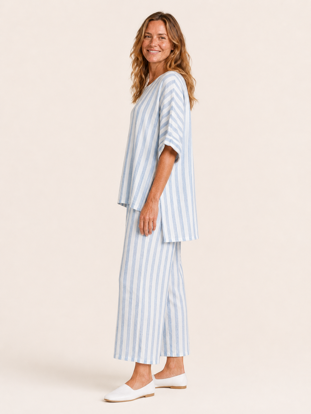 Astrid | Women's Striped Linen Wide Leg Pants Two Piece Set