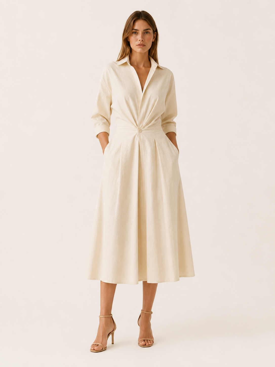 Aubrey | A-Line Midi Dress with Cinched Waist and Shirt Collar