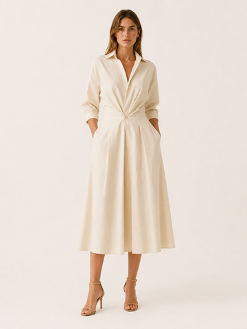 Aubrey | A-Line Midi Dress with Cinched Waist and Shirt Collar