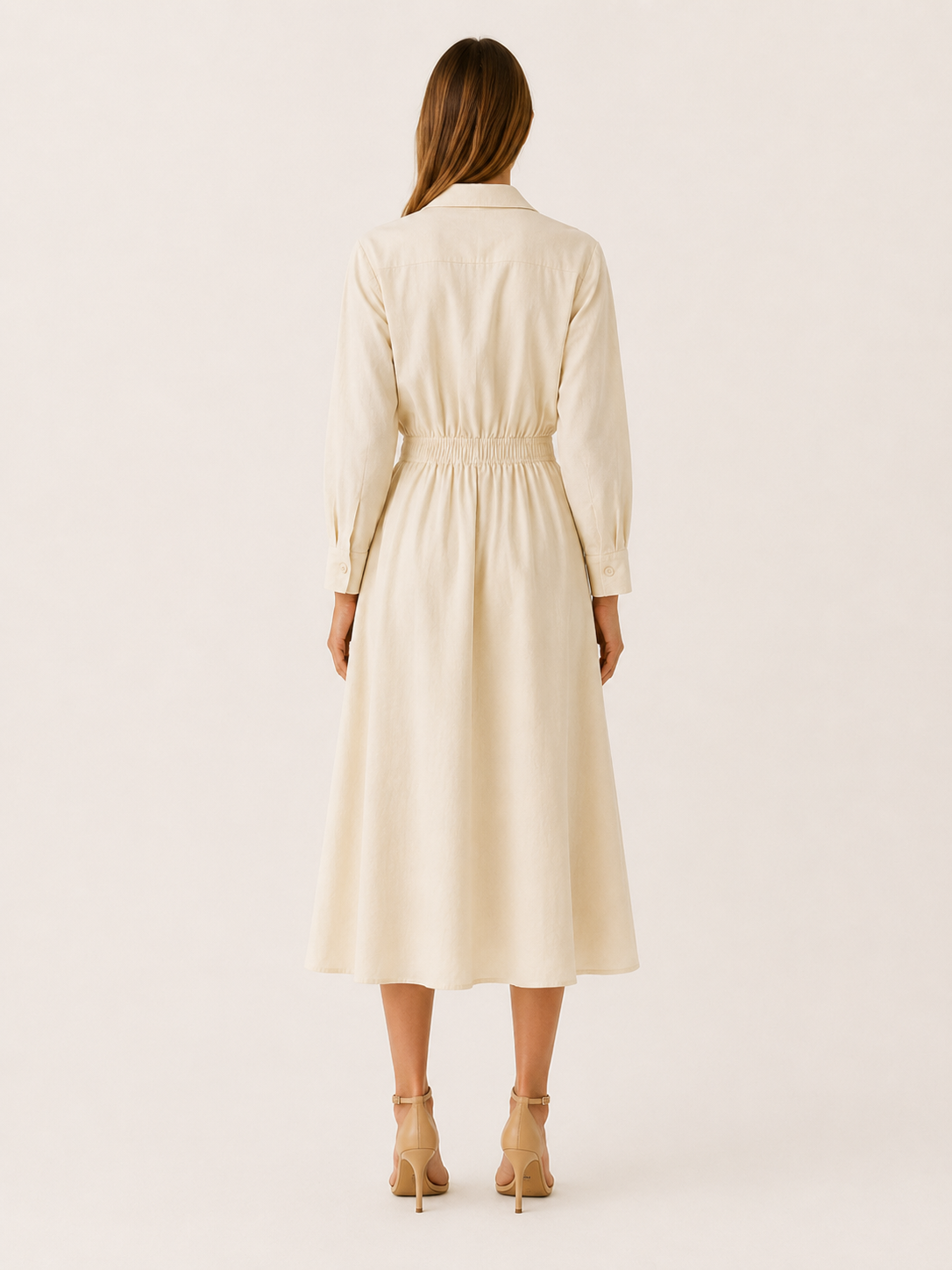 Aubrey | A-Line Midi Dress with Cinched Waist and Shirt Collar