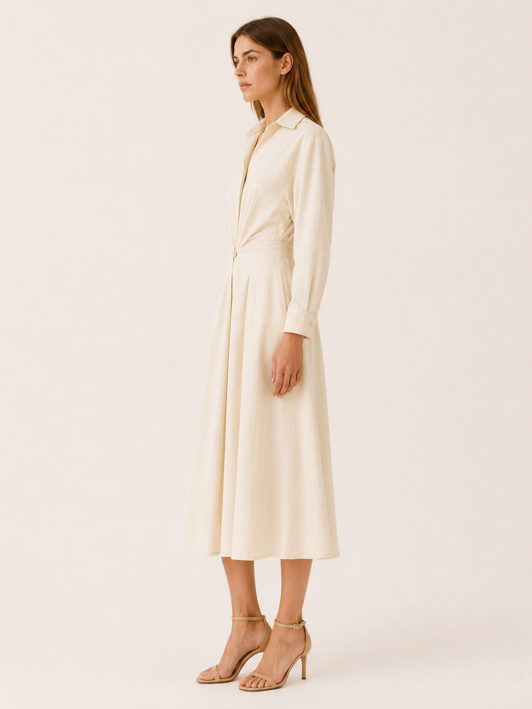 Aubrey | A-Line Midi Dress with Cinched Waist and Shirt Collar