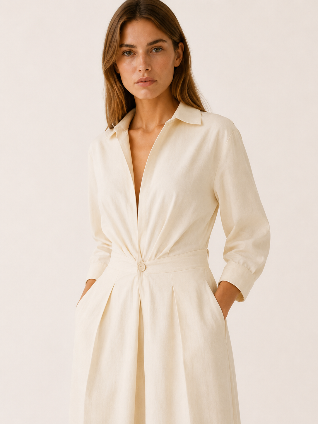 Aubrey | A-Line Midi Dress with Cinched Waist and Shirt Collar