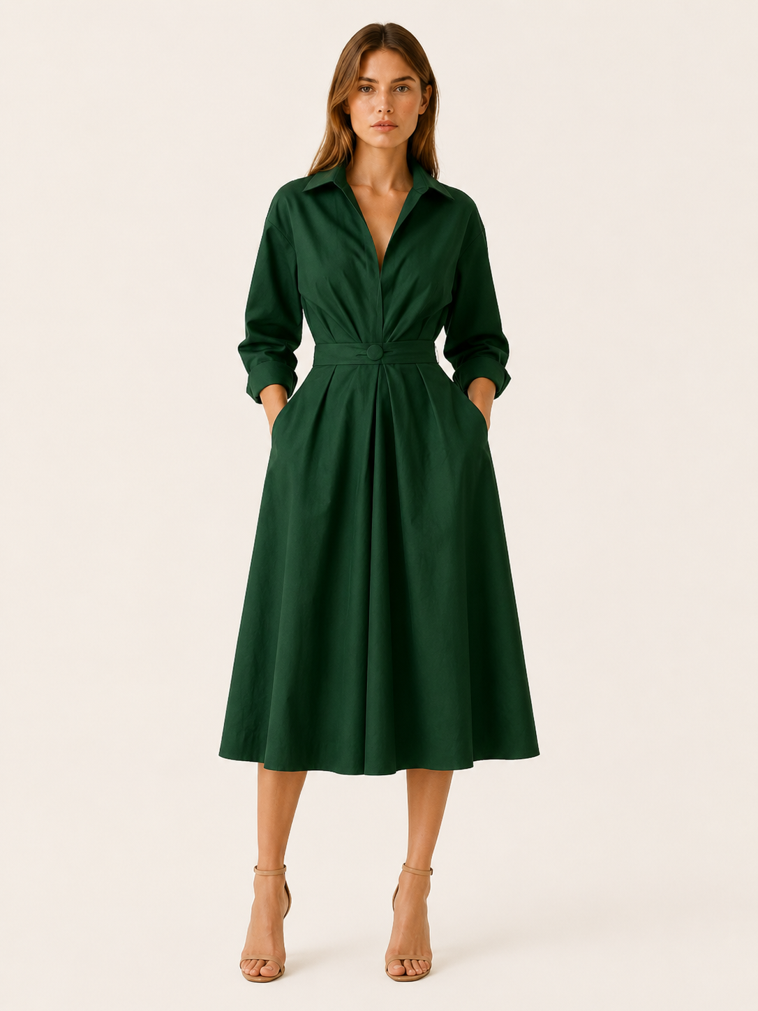 Aubrey | A-Line Midi Dress with Cinched Waist and Shirt Collar