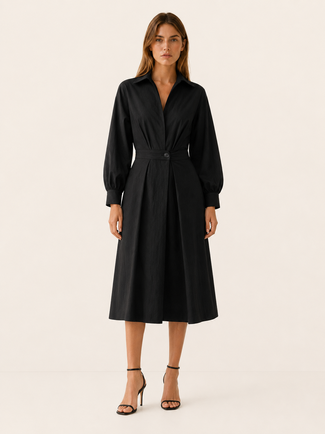 Aubrey | A-Line Midi Dress with Cinched Waist and Shirt Collar