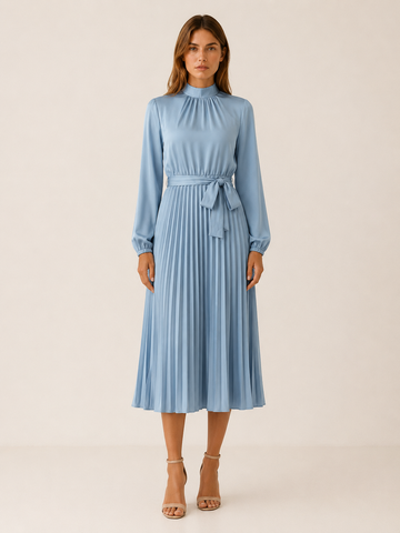 Avani | Pleated Midi Dress with Long Sleeve and Belted Waist