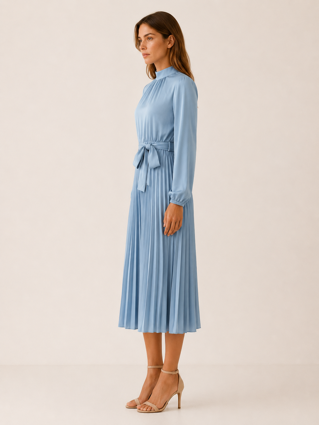 Avani | Pleated Midi Dress with Long Sleeve and Belted Waist