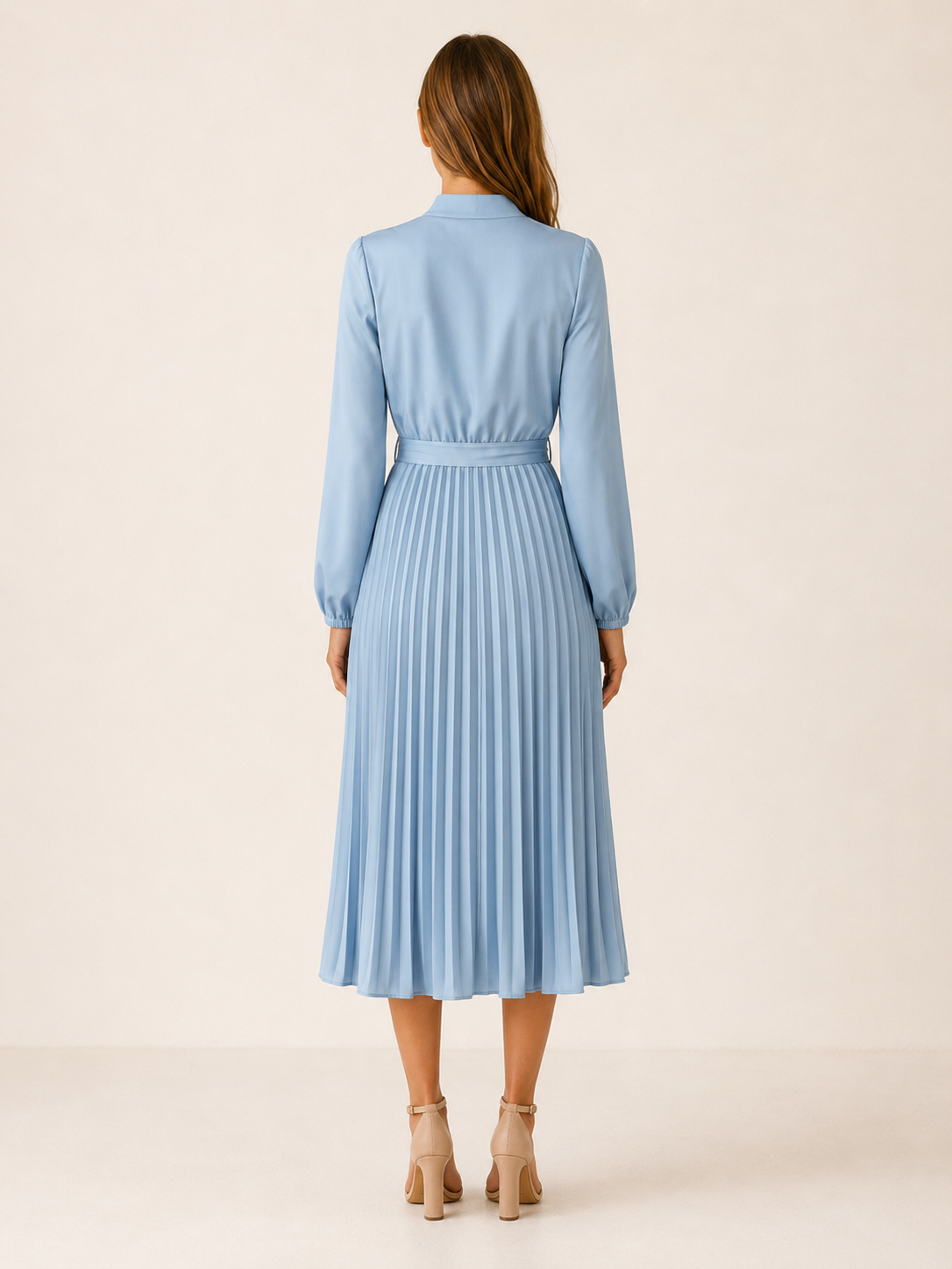 Avani | Pleated Midi Dress with Long Sleeve and Belted Waist