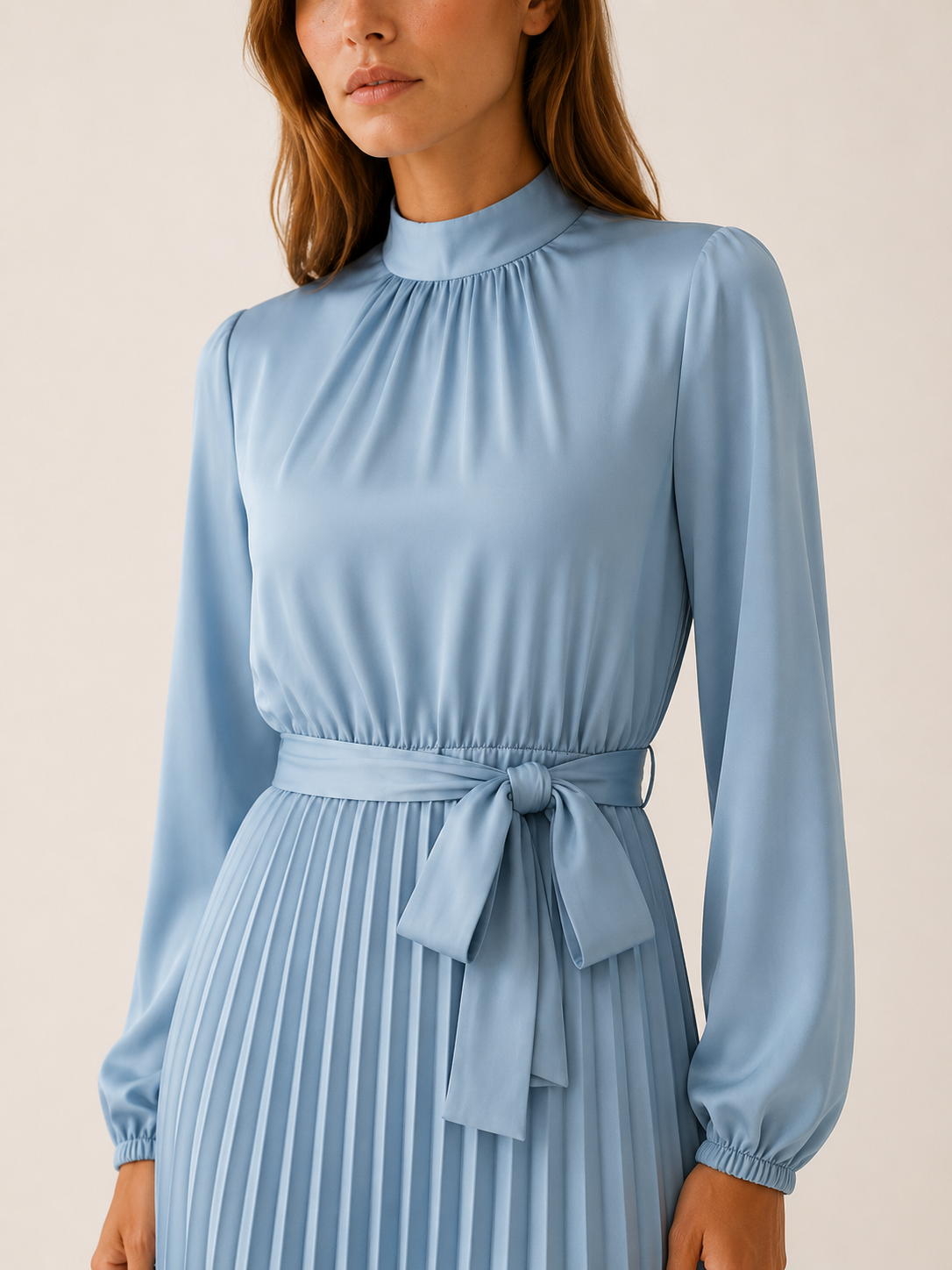 Avani | Pleated Midi Dress with Long Sleeve and Belted Waist