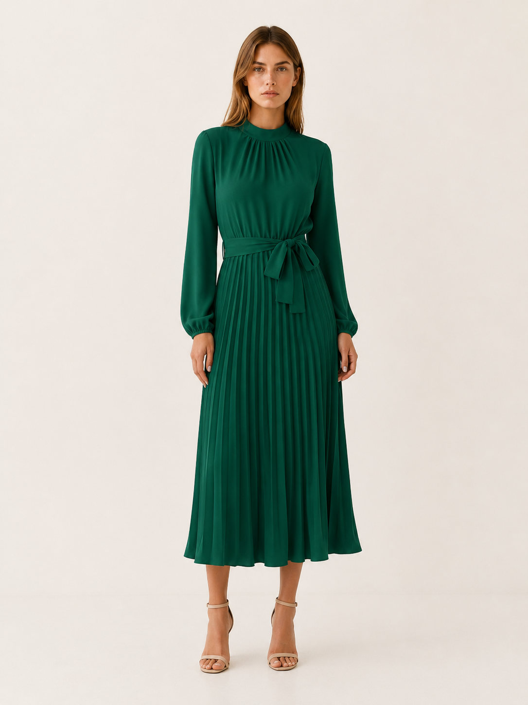 Avani | Pleated Midi Dress with Long Sleeve and Belted Waist