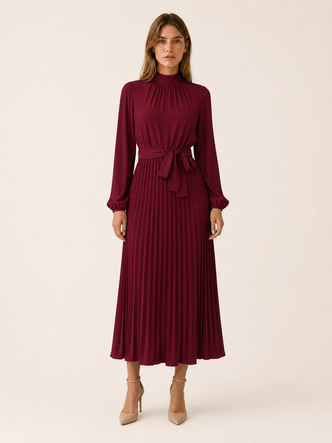 Avani | Pleated Midi Dress with Long Sleeve and Belted Waist
