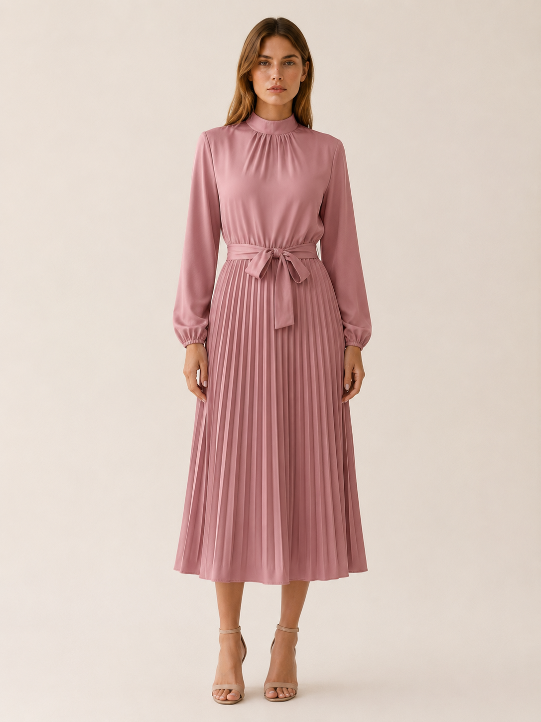 Avani | Pleated Midi Dress with Long Sleeve and Belted Waist
