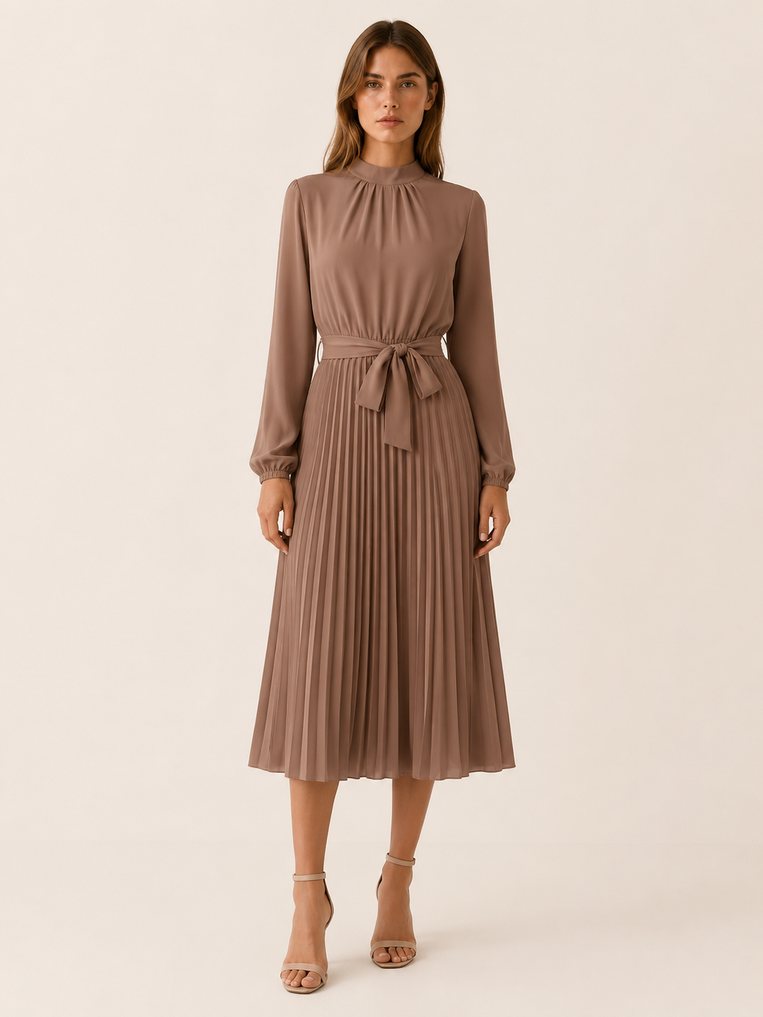 Avani | Pleated Midi Dress with Long Sleeve and Belted Waist