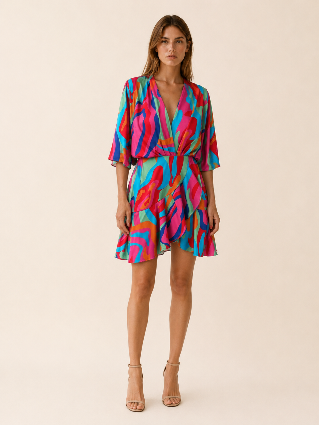 Aveline | Printed Mini Dress with Batwing Sleeves and Tie Waist