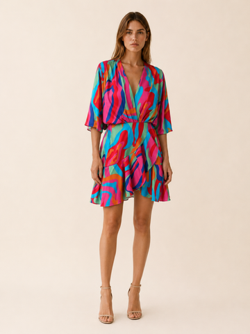 Aveline | Printed Mini Dress with Batwing Sleeves and Tie Waist