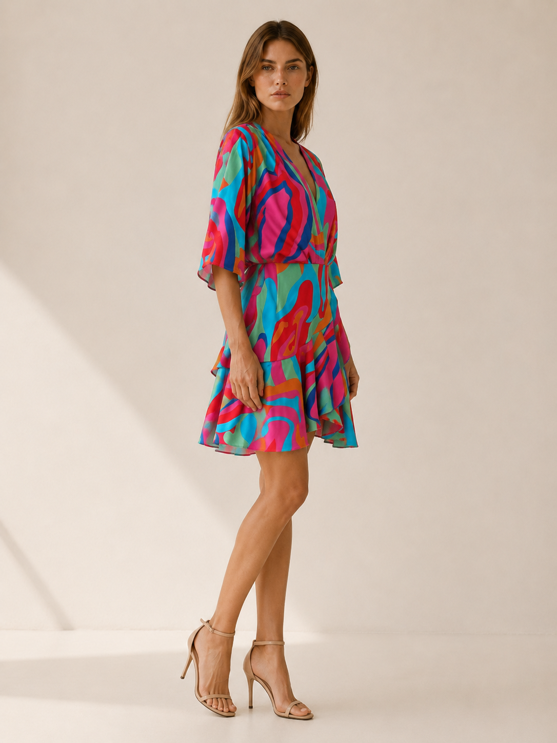 Aveline | Printed Mini Dress with Batwing Sleeves and Tie Waist