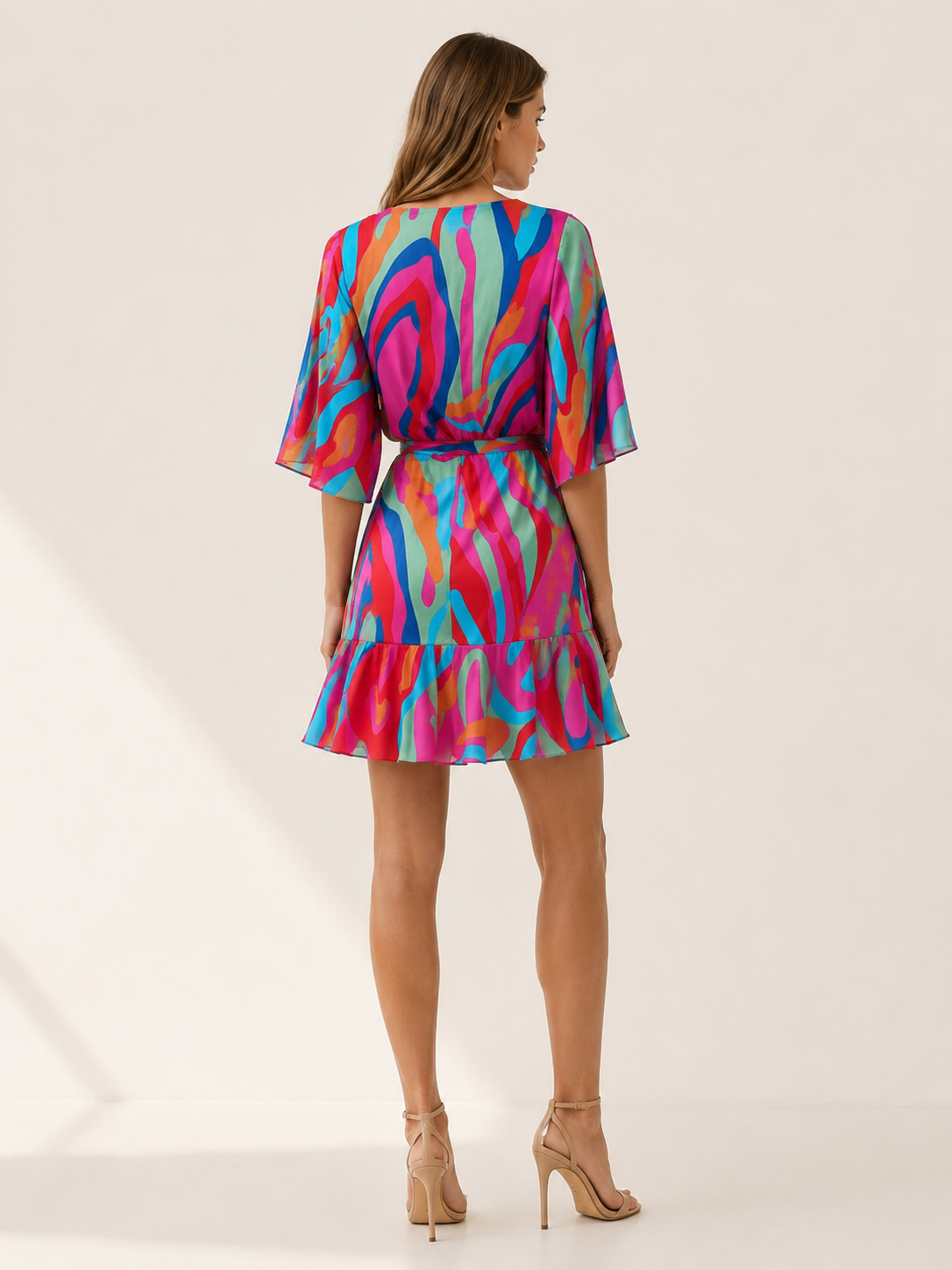 Aveline | Printed Mini Dress with Batwing Sleeves and Tie Waist