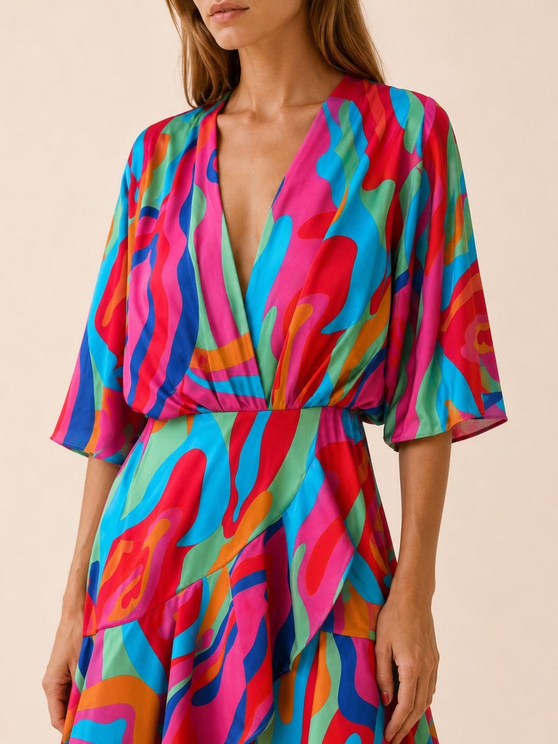Aveline | Printed Mini Dress with Batwing Sleeves and Tie Waist