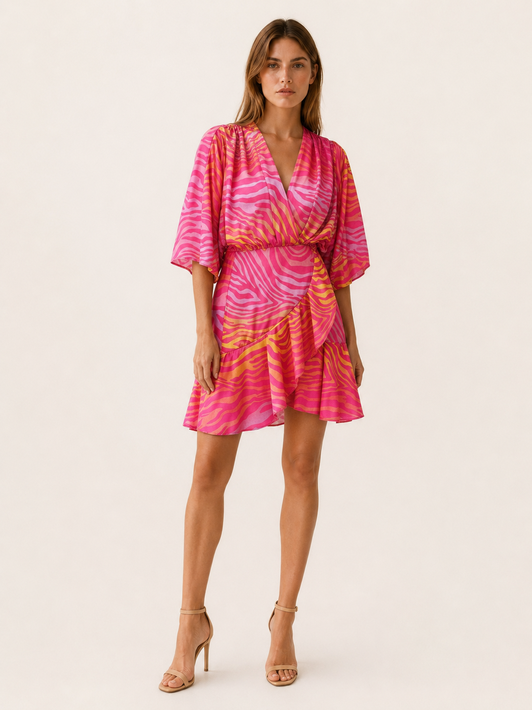 Aveline | Printed Mini Dress with Batwing Sleeves and Tie Waist
